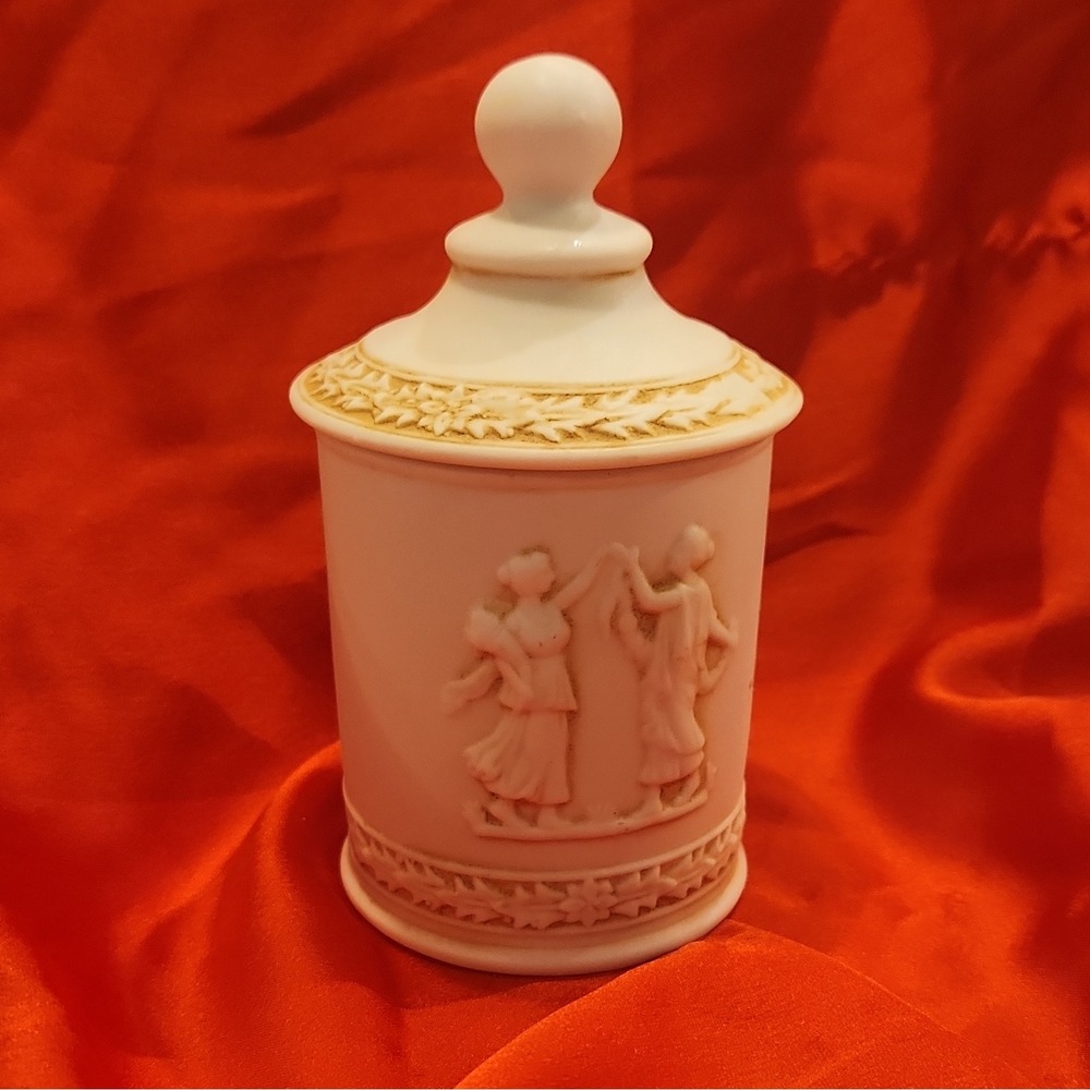 Vintage Neoclassical Bisque Porcelain Lidded Jar Greek Figures Cameo Relief